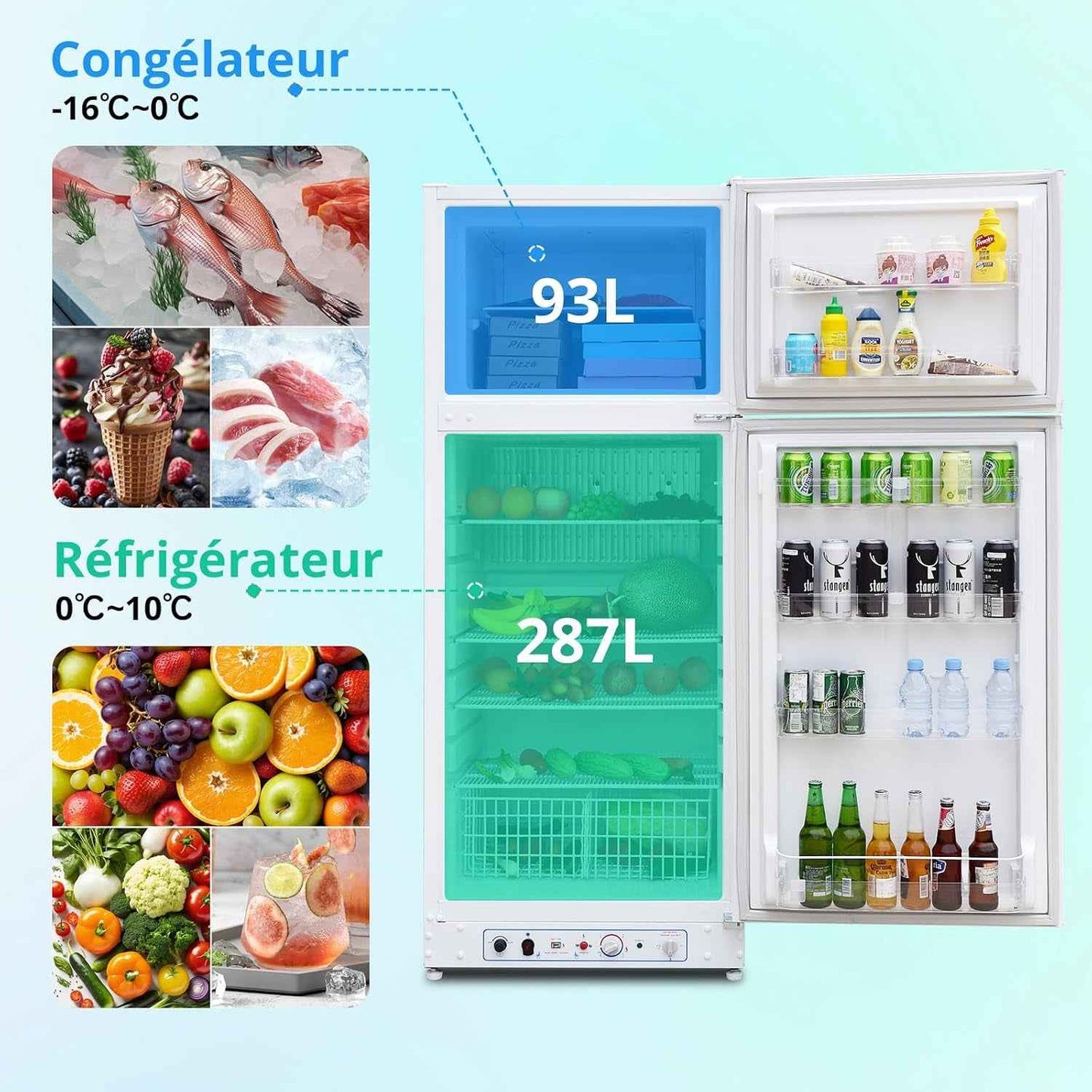 Frigo Gaz Avec Congélateur 380L, Réfrigérateur Congélateur 2 Voies Gaz/220V, Frigo Camping Gaz Pour Camping-Car, Caravane, Mobile-Home, Garage, Blanc