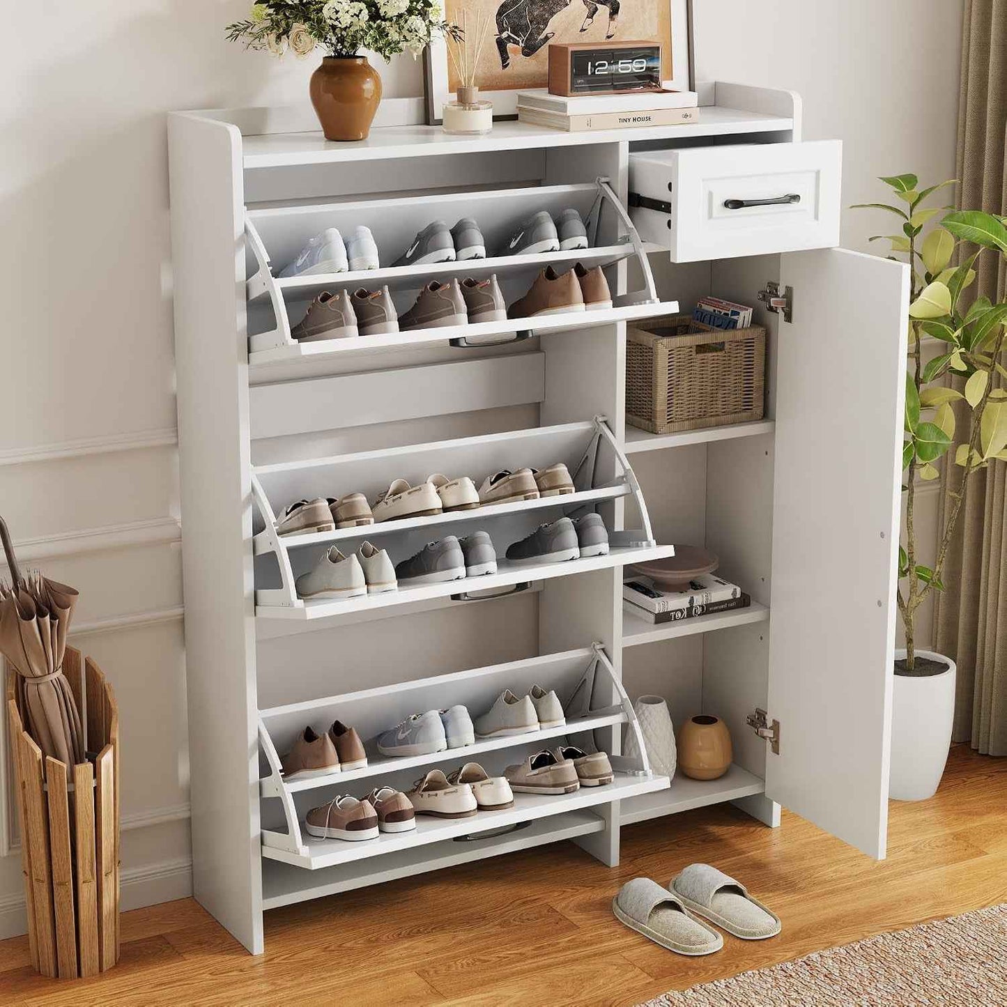 Meuble À Chaussures Avec 3 Compartiments Abattants, Tiroir, Compartiment Latéral À Étagères Réglables, Armoire À Chaussures Pour Entrée, Blanc