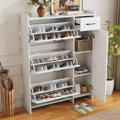 Meuble À Chaussures Avec 3 Compartiments Abattants, Tiroir, Compartiment Latéral À Étagères Réglables, Armoire À Chaussures Pour Entrée, Blanc