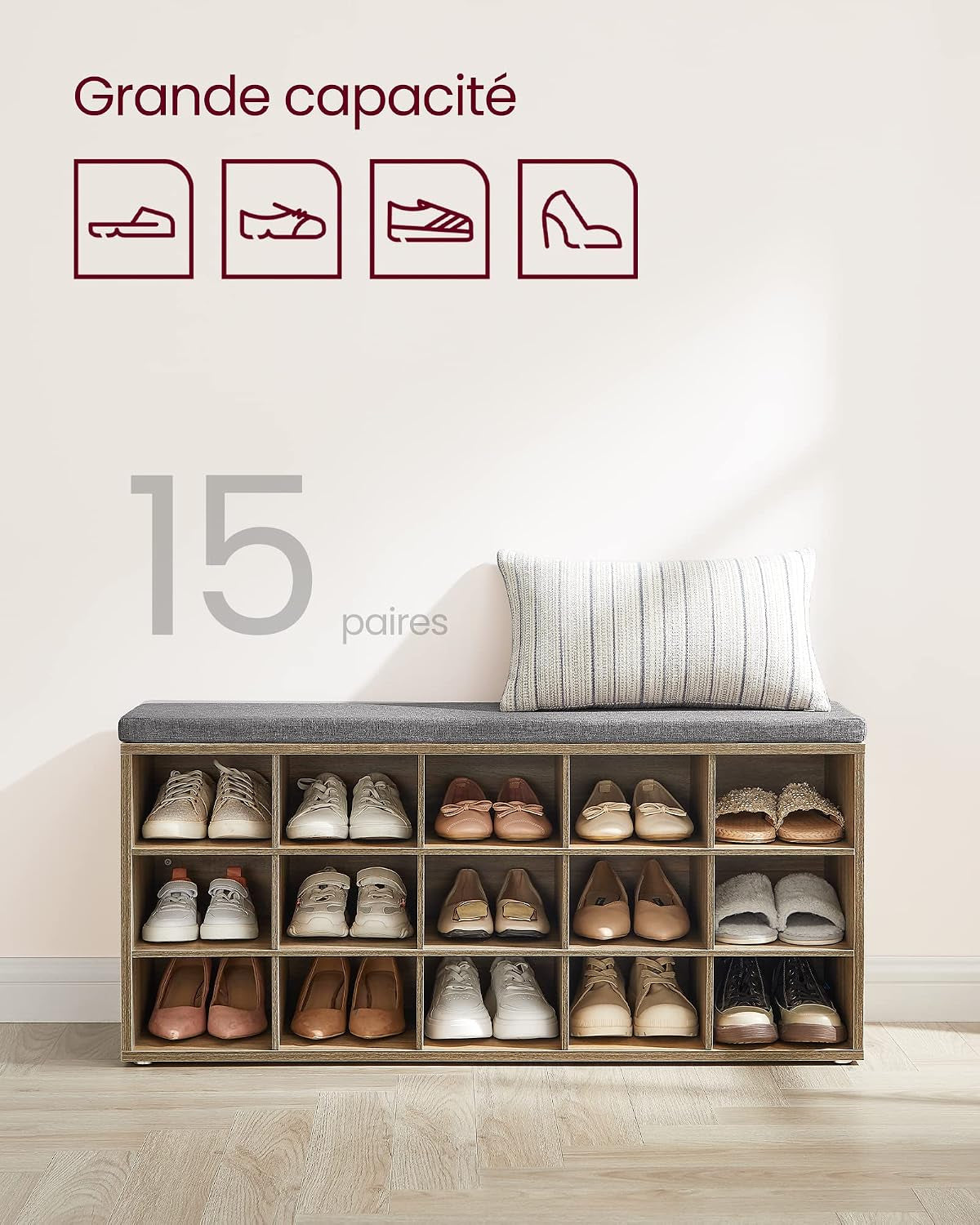 Banc À Chaussures, Organiseur De Chaussures Avec 15 Compartiments, Siège Rembourré, Pour Entrée, Couloir, Placard, Marron Turquoise Et Gris Tourterelle LHS015T60