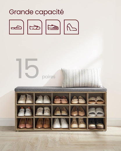 Banc À Chaussures, Organiseur De Chaussures Avec 15 Compartiments, Siège Rembourré, Pour Entrée, Couloir, Placard, Marron Turquoise Et Gris Tourterelle LHS015T60