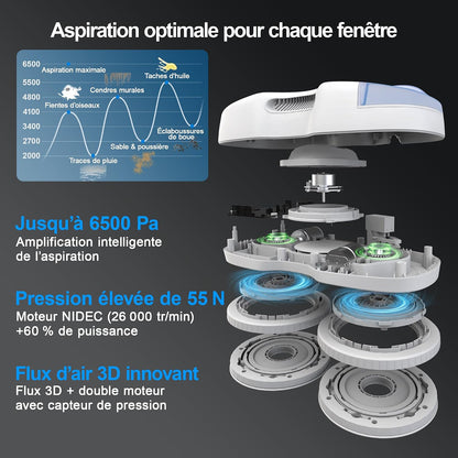 S7 plus Robot Nettoyeur De Vitre Avec Alimentation Portable, Robot Lave Vitre Sans Fil Avec Gicler L'Eau Automatique, Tampons Dual Moteur Flottant 3D, Protection Multiples, Télécommande