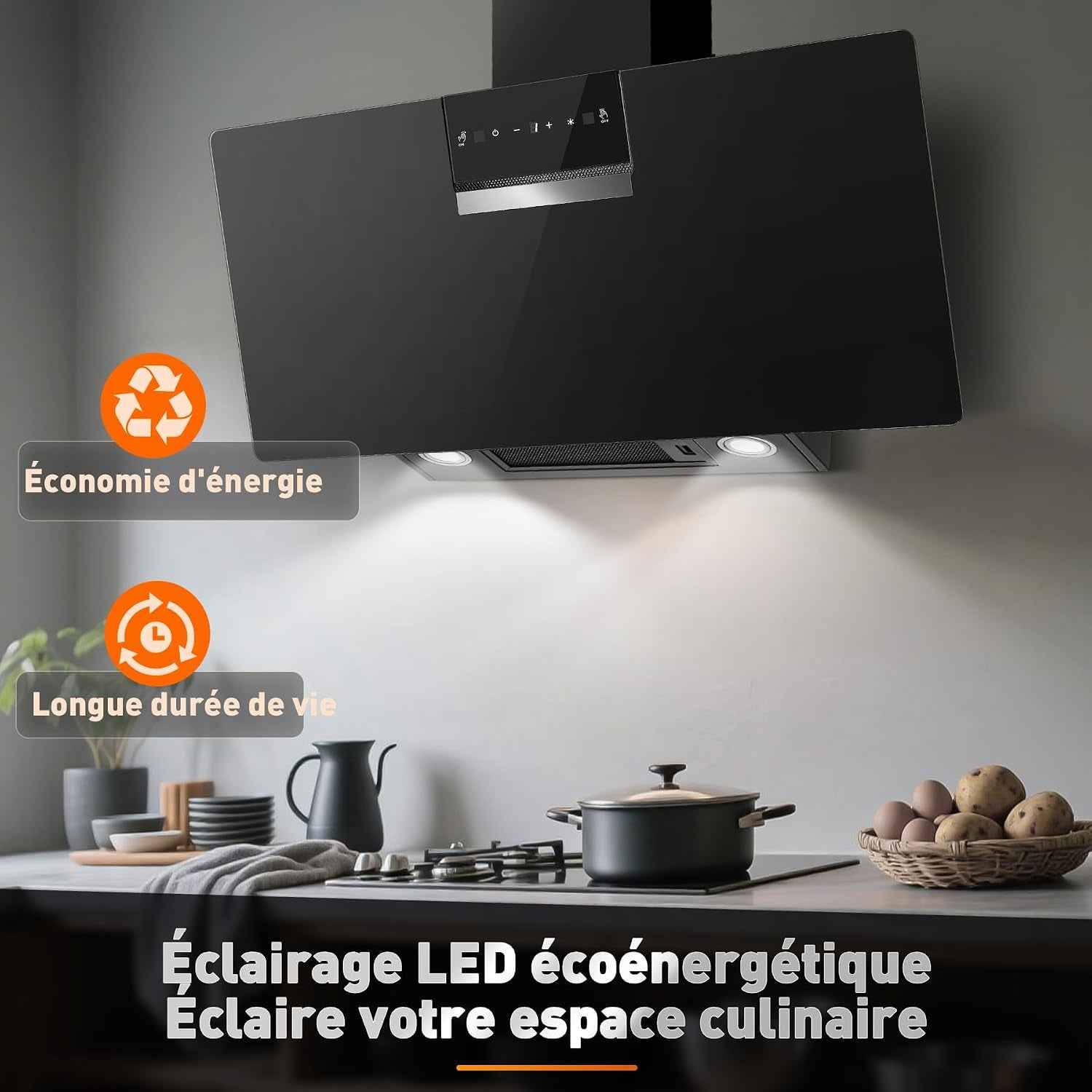 A+++ Hotte Aspirante 90 Cm, 800 M³/H, Contrôle Gestes & Tactile | Hotte De Cuisine 3 Vitesses + Mode Booster, Filtre À Charbon Actif, Recyclage/Évacuation, Panneau Verre Tactile, Hotte Noire
