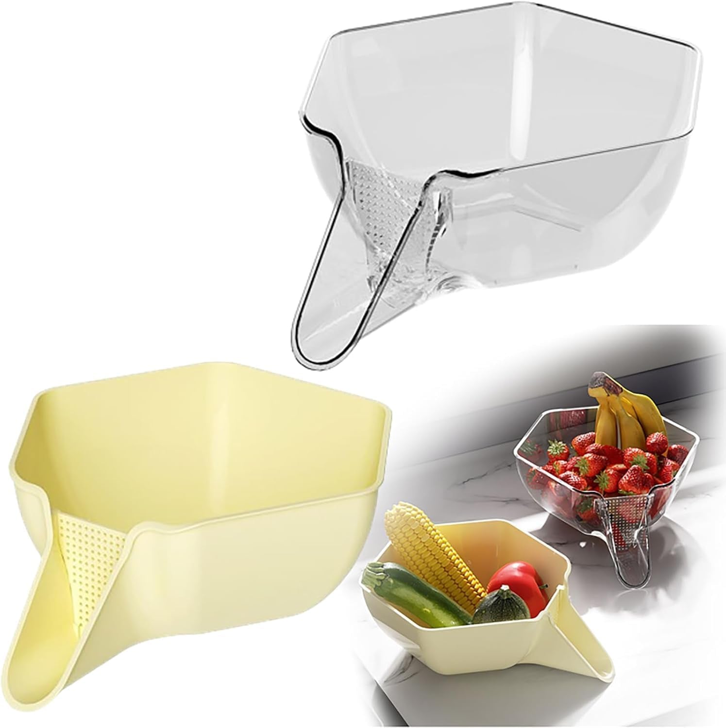 Panier De Vidange Multifonction, Passoires Avec Bec, Bol De Nettoyage De Fruits Avec Récipient Filtrant, Égouttoir Pour Aliments, Fruits (Jaune + Transparent, 2 Pièce)