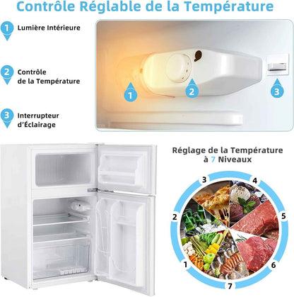 Réfrigérateur À Double Porte 90 L, Réfrigération Rapide, Économie D'Énergie, Réfrigérateur En Métal Avec 7 Niveaux De Température, 48,5 X 49,5 X 86 Cm (Blanc)