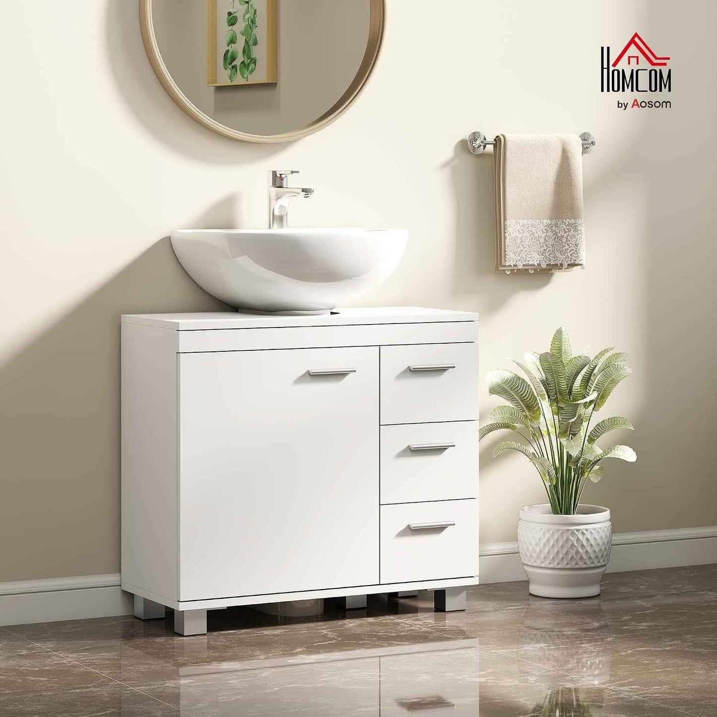 Meuble Sous Lavabo Salle De Bain 3 Tiroirs 70 X 30 X 64 Cm Blanc | Porte À Fermeture Amortie, Armoire Sous Lavabo, Style Moderne