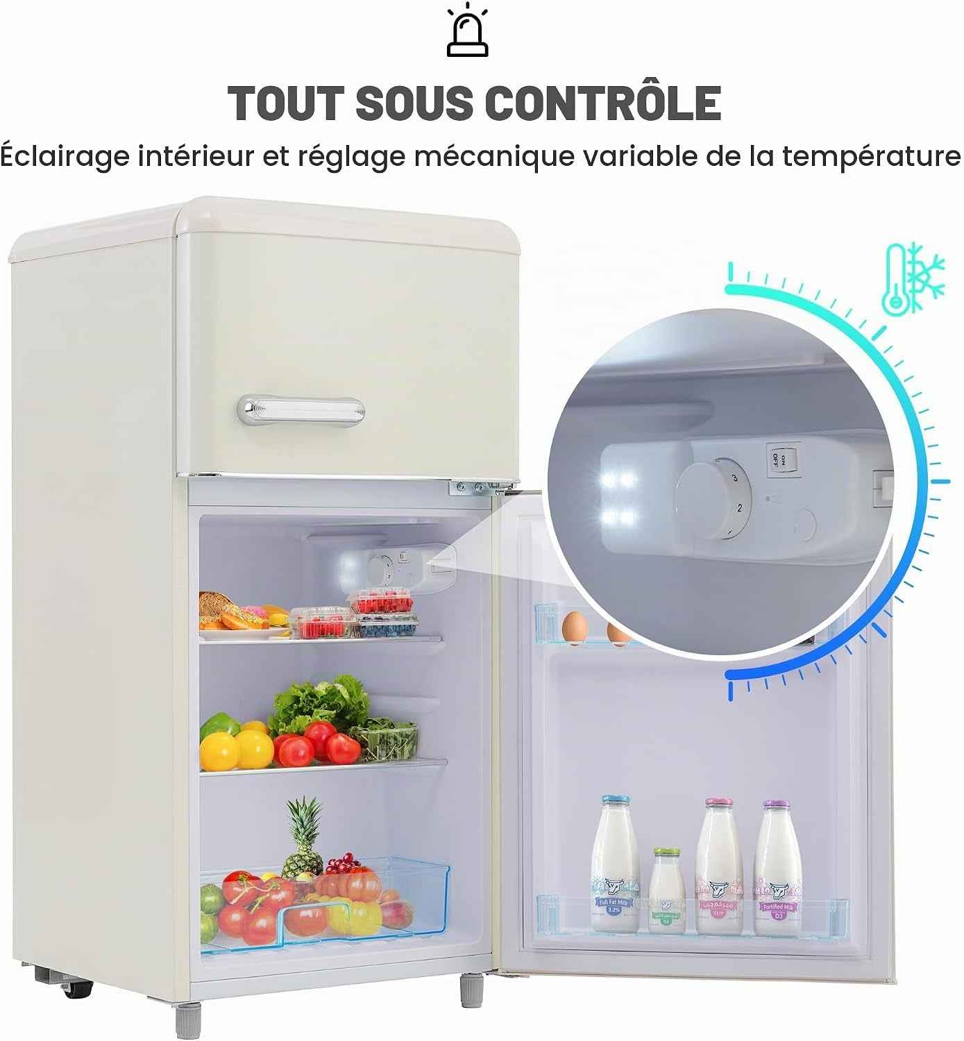 Réfrigérateur Rétro À Double Porte, 72 Litres, Avec Compartiment Congélateur De 21 Litres, 120 Kwh/An, Éclairage LED - Blanc