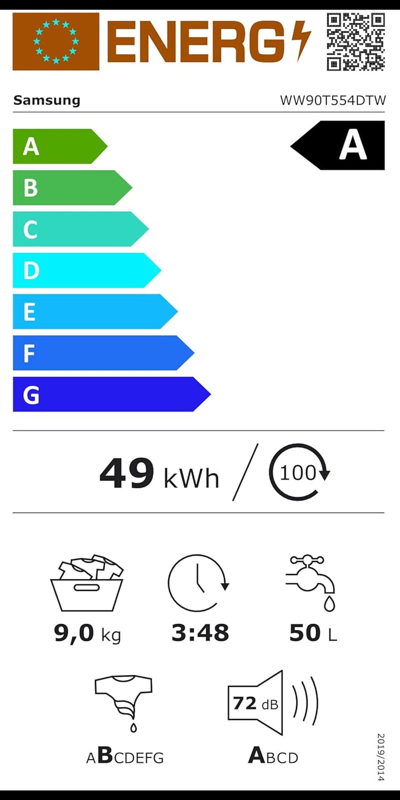 WW90T554DTW/S3 Lave-Linge - Addwash™, Série 5, 9 Kg, Blanc, Technologie Ecobubble™, Intelligence Artificielle, Classe A