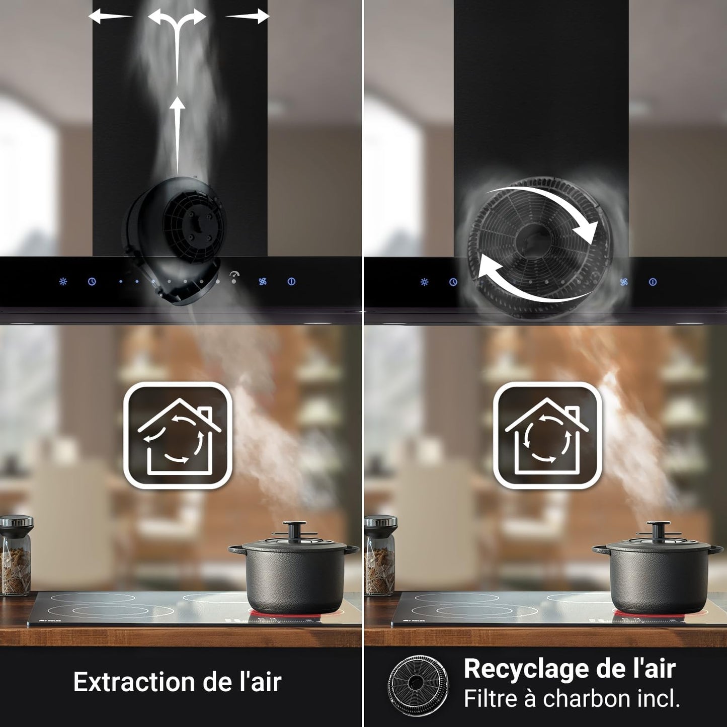 A+++ Hotte 90 Cm 680 M³/H Hotte Îlot Air Évacué Air En Circulation Noir Verre Smart Wifi WLAN App Naloopautomatique Sensortouch Avec Filtre À Charbon FLAT-EILAND-6S