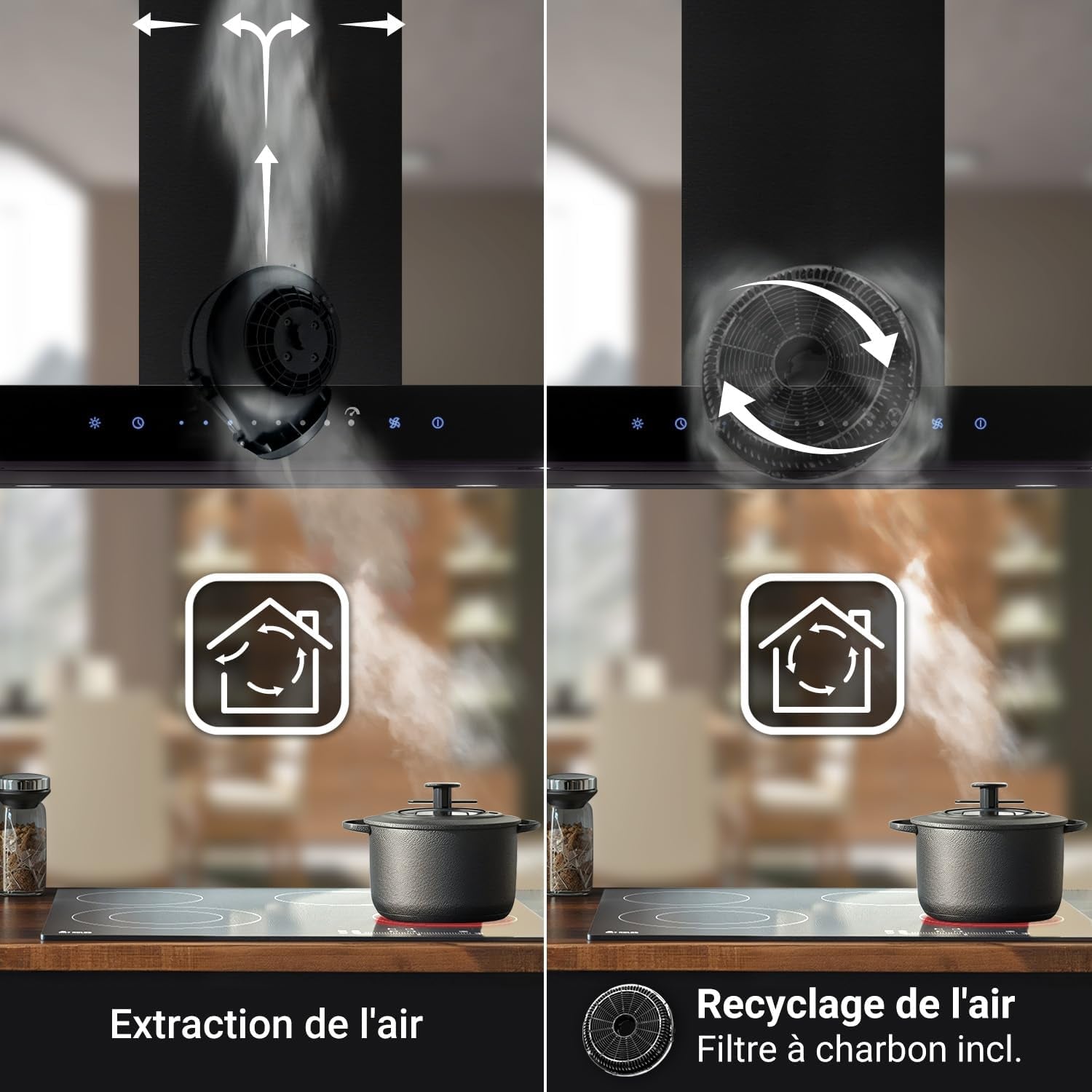 A+++ Hotte 90 Cm 680 M³/H Hotte Îlot Air Évacué Air En Circulation Noir Verre Smart Wifi WLAN App Naloopautomatique Sensortouch Avec Filtre À Charbon FLAT-EILAND-6S