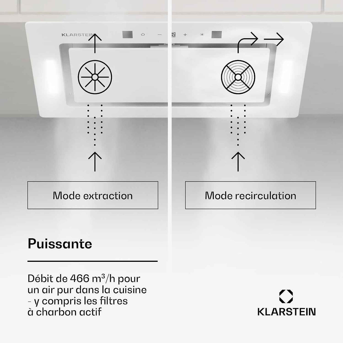 Klarstein Hotte Aspirante Encastrable 72 Cm, Hotte Aspirante Silencieuse, De Cuisine Avec Lampes LED, Débit D'Air Puissant 466 M³/H, Minuterie, Commandes Tactiles, Avec Évacuation