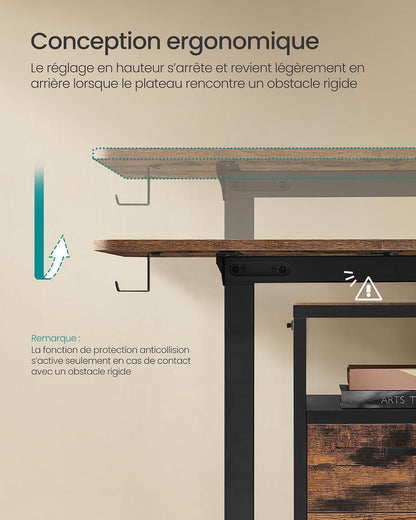 Bureau Électrique Réglable En Hauteur, 160 X 70 Cm, Table Assis-Debout, Fonction Mémoire 4 Hauteurs, Pour Bureau, Télétravail, Marron Rustique Et Noir D'Encre LSD136K01