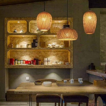 Lustre Industriel 3 Lampes Suspendue Bambou Tissé À La Main Lampe Vintage Pendentif Rotin Lampe À Suspension Abat-Jour En Osier Naturel Luminaire Plafonnier E27 Pour Chambre Salon Cuisine Salle