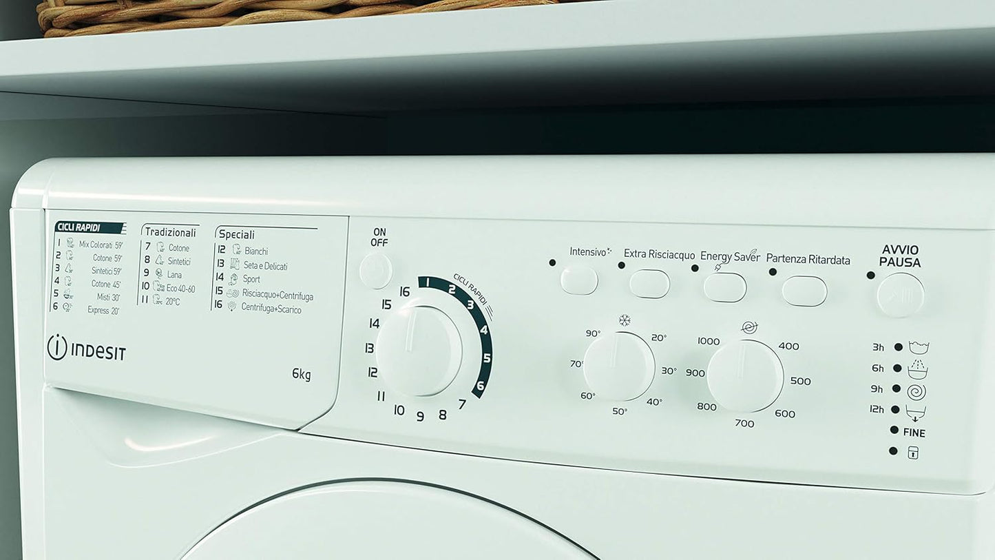 EWC 61051 W IT N - Machine À Laver 6 Kg Libre Installation, Charge Avant. Centrifugeuse 1000 Tours Par Minute - Largeur 59,5 Cm, Profondeur 51,7 Cm, Hauteur 85 Cm, Classe Énergétique F