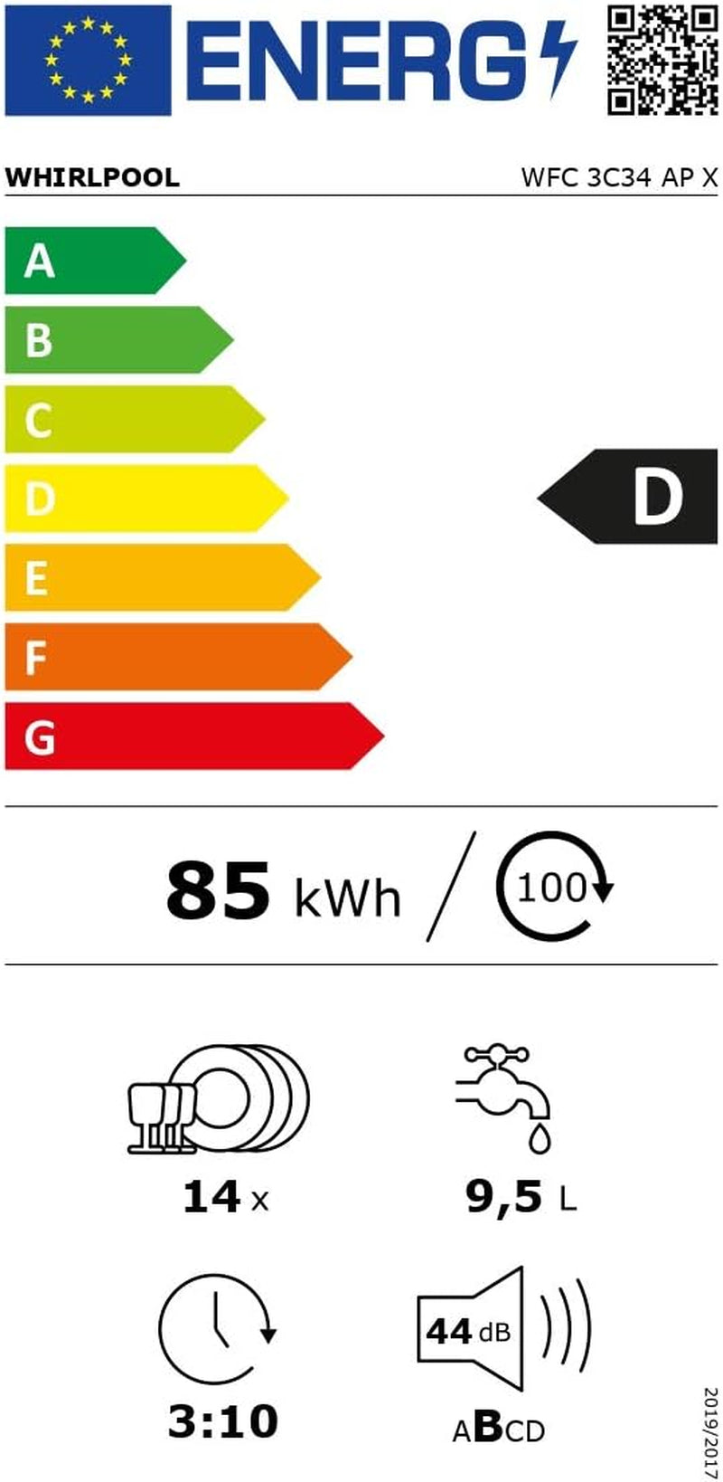 Whirlpool WFC 3C34 AP X, Lave-Vaisselle 60Cm Libre Installation, 14 Places, D