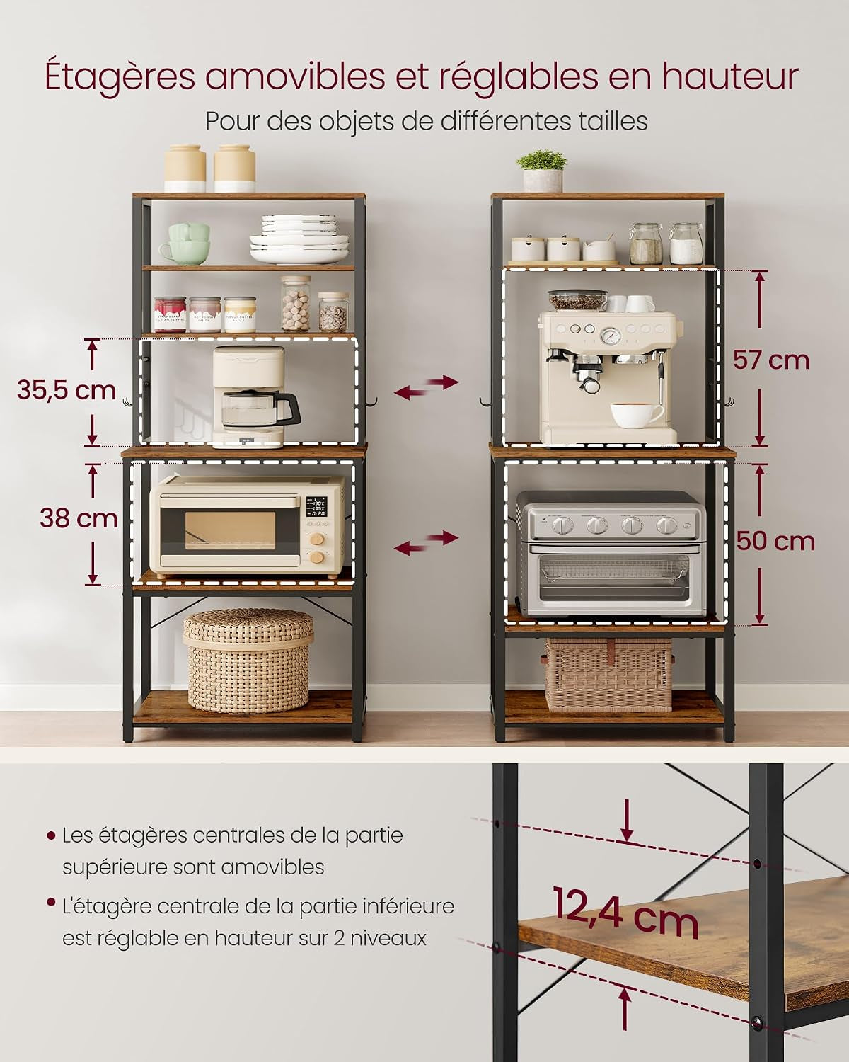 Étagère De Cuisine, Étagère Pour Machine À Café, 6 Étagères Et 6 Crochets, Pour Four À Micro-Ondes, Cadre En Acier, Style Industriel, 40 X 60 X 167 Cm, Marron Rustique Et Noir KKS024B01