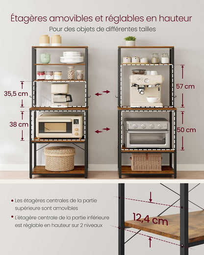 Étagère De Cuisine, Étagère Pour Machine À Café, 6 Étagères Et 6 Crochets, Pour Four À Micro-Ondes, Cadre En Acier, Style Industriel, 40 X 60 X 167 Cm, Marron Rustique Et Noir KKS024B01