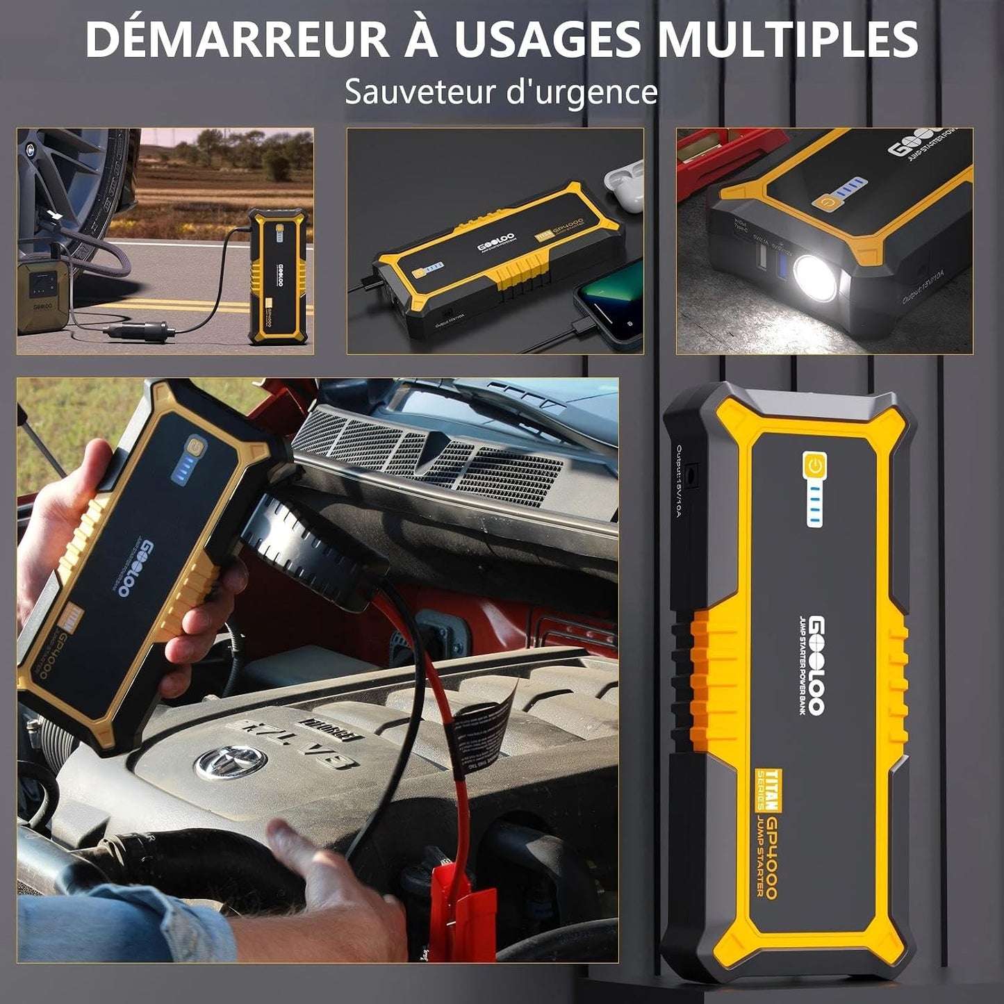 GP4000 Booster Batterie 4000A,12V Jump Starter | Démarreur Voiture Portable, Tous Essences 10L Diesel, Pinces Intelligentes Supersafe, Lampe LED, Charge Rapide QC3.0