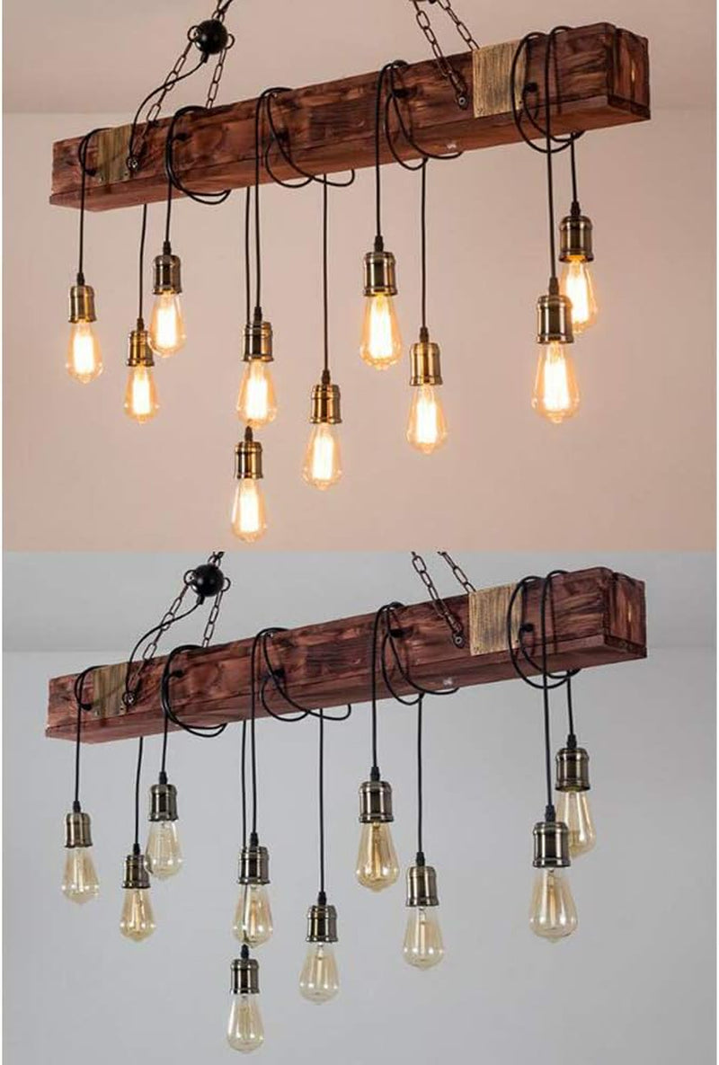 Lustre Industriel Suspension En Bois Élingue En Métal Rustique Poutre En Bois Marron Grand Îlot Linéaire Lampes Suspendues À La Main Ferme Luminaire Salon Chambre Cuisine Couloir Éclairage De Cuisine