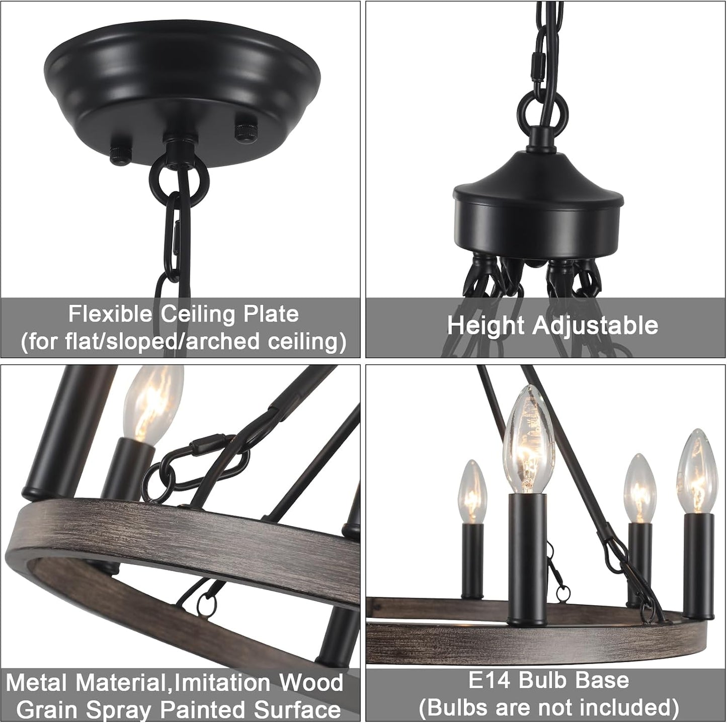 Lustre Noir, 8 Lumières Lustre En Forme De Roue De Charrette, Suspension Plafonnier Industriel Pour Salon, Salle À Manger, Cuisine, Couloir, Chambre, Hauteur Réglable | Lustre Rustique Moderne De Ferme Noir À Suspension, Plafonnier De Salle À Manger Pour