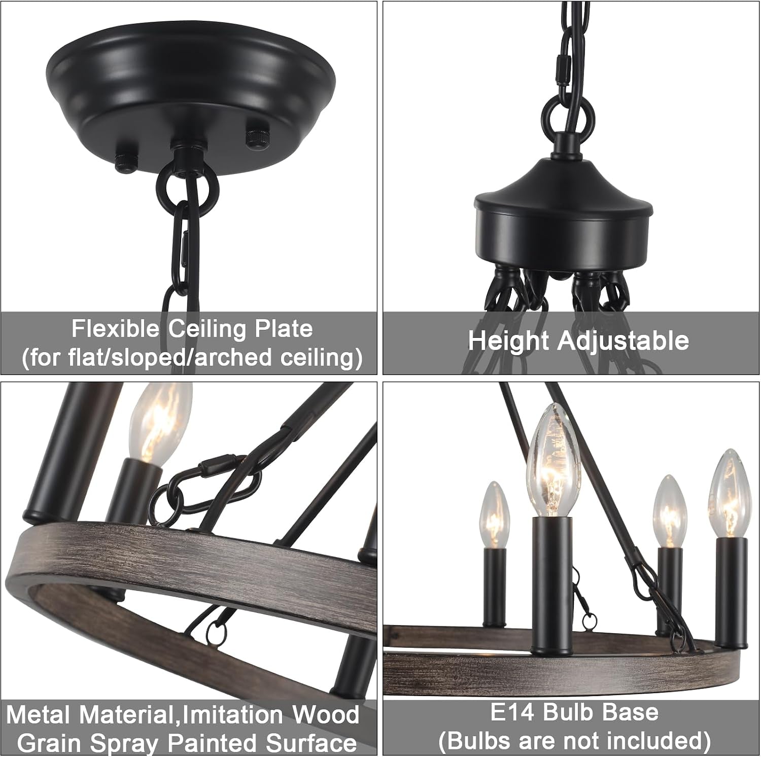 Lustre Noir, 8 Lumières Lustre En Forme De Roue De Charrette, Suspension Plafonnier Industriel Pour Salon, Salle À Manger, Cuisine, Couloir, Chambre, Hauteur Réglable | Lustre Rustique Moderne De Ferme Noir À Suspension, Plafonnier De Salle À Manger Pour