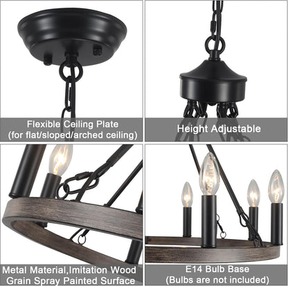 Lustre Noir, 8 Lumières Lustre En Forme De Roue De Charrette, Suspension Plafonnier Industriel Pour Salon, Salle À Manger, Cuisine, Couloir, Chambre, Hauteur Réglable | Lustre Rustique Moderne De Ferme Noir À Suspension, Plafonnier De Salle À Manger Pour