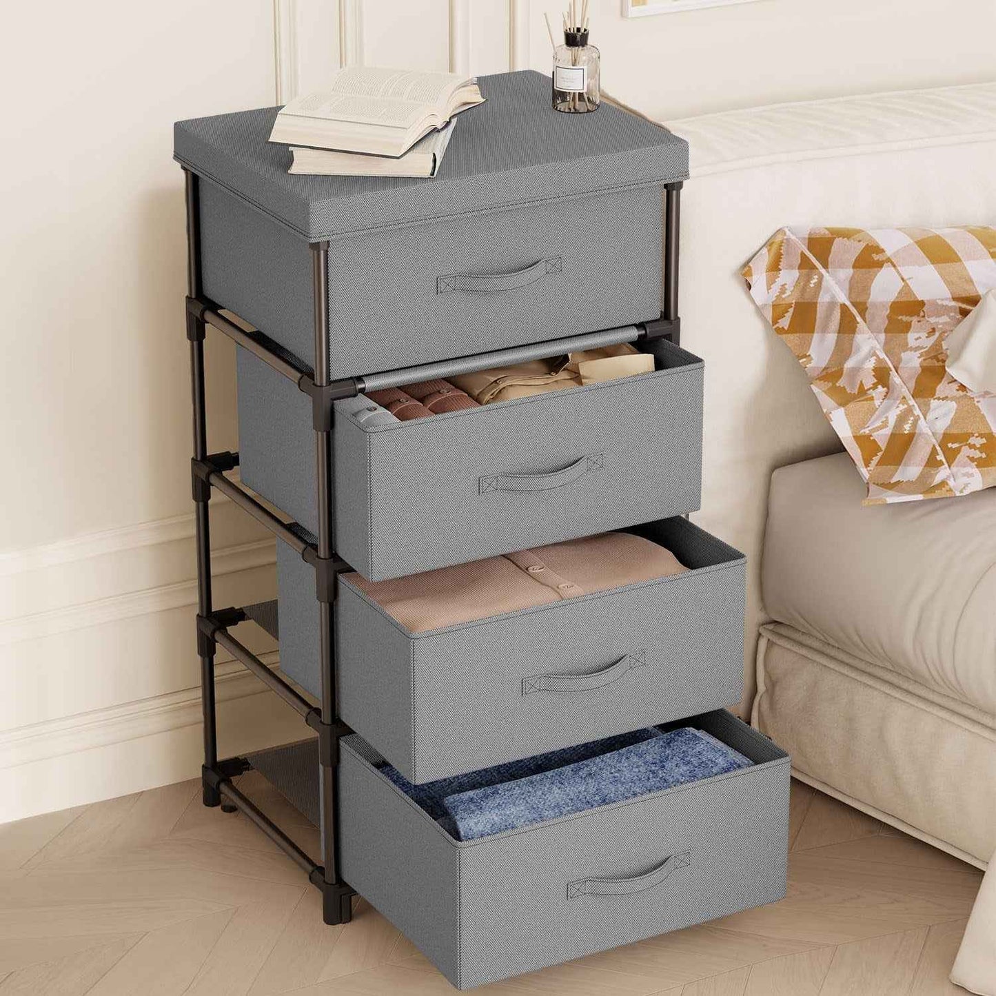 Commode Chambre En Tissu, Cadre En Métal, Meuble 4 Tiroirs Rangement Pour Chambre À Coucher, Salon, Couloir Et Entree - Gris