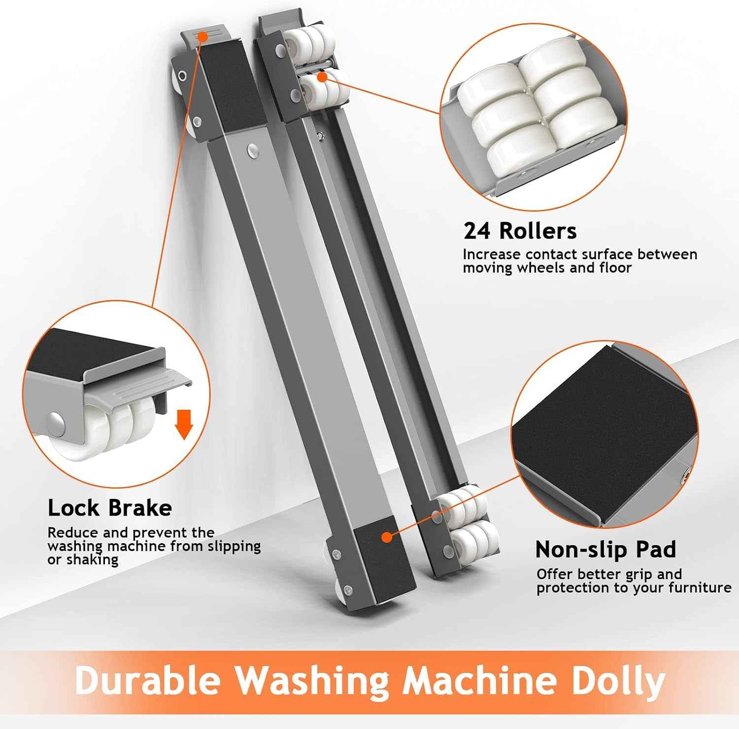 Lot De 2 Roulettes De Transport Moblies Lave-Linge Sous Châssis Pour Réfrigérateur Sèche-Linge, Congélateur Jusqu'À 300 Kg, Avec 24 Roues, Frein, Gris