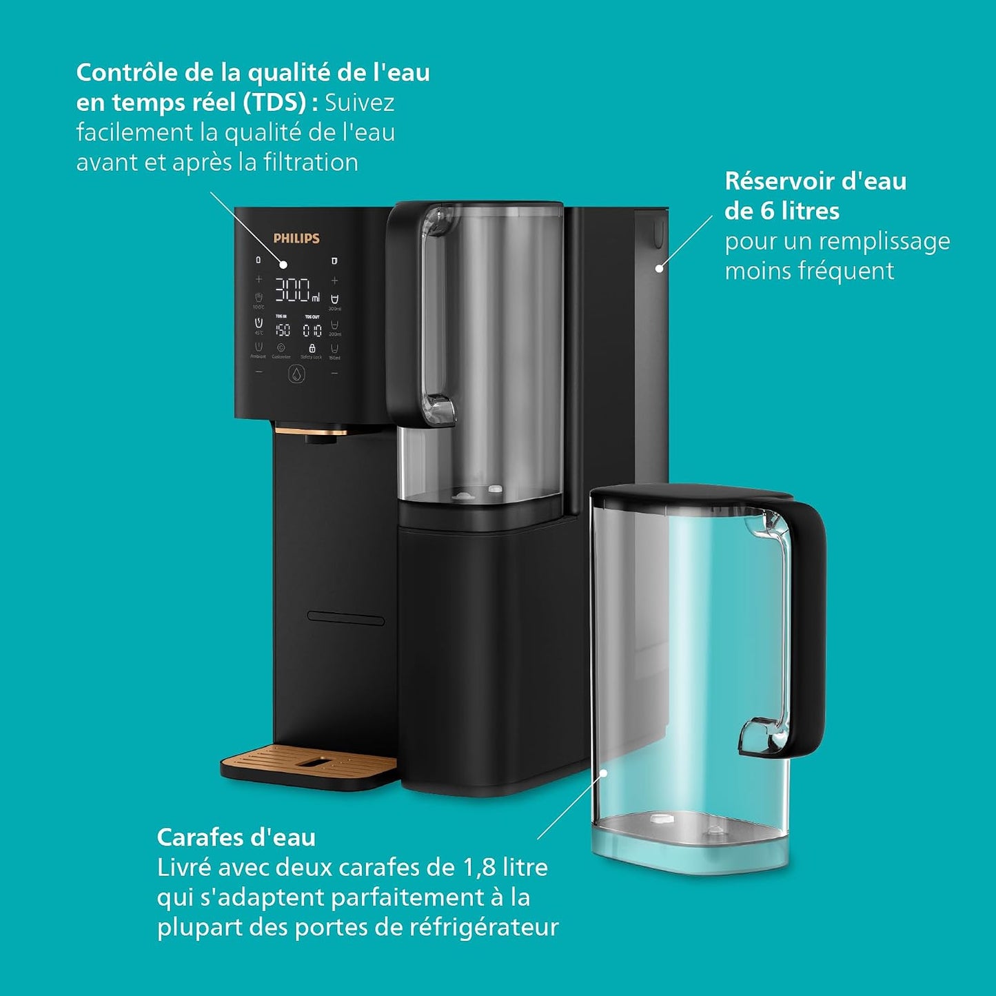 Distributeur D’Eau À Osmose Inverse 7000: Eau Chaude/Froide Filtrée En Secondes, Minéraux Préservés, Filtration RO 6-En-1, >110 Contaminants Réduits, Ratio 3:1, UV-C, Sans Installation, 2000 L