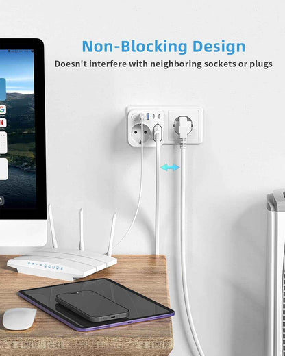 6 En 1 Multiprise Murale Avec 4 USB (2 Type-C), Adaptateur Secteur 2 Prises Avec Interrupteur Electrique Idéal Bureau, Blanc | 2 Prises Multiprises, Double Prise Pour Prise Murale