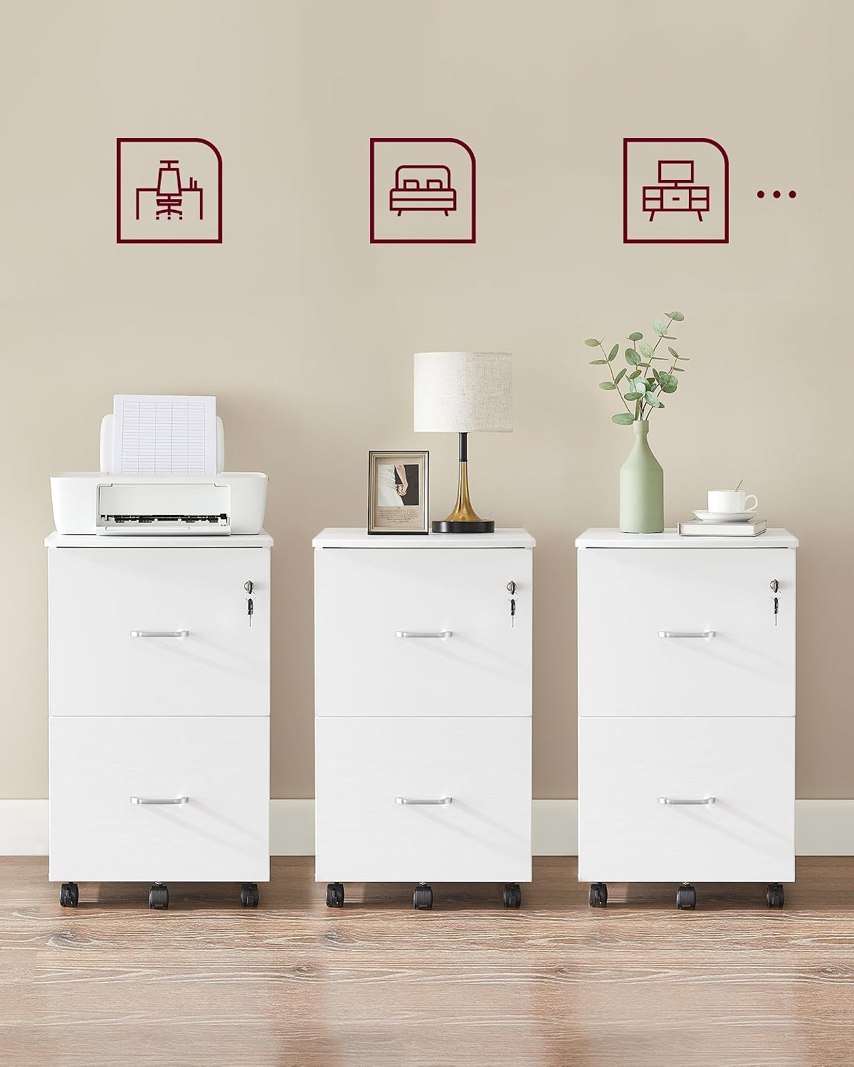 CUSTOS Collection - Caisson Mobile, Classeur, 2 Tiroirs, Support D’Imprimante, Meuble De Bureau, Verrouillable, Pour Documents Au Format A4, Dossier Suspendu, Blanc LCD027WE02