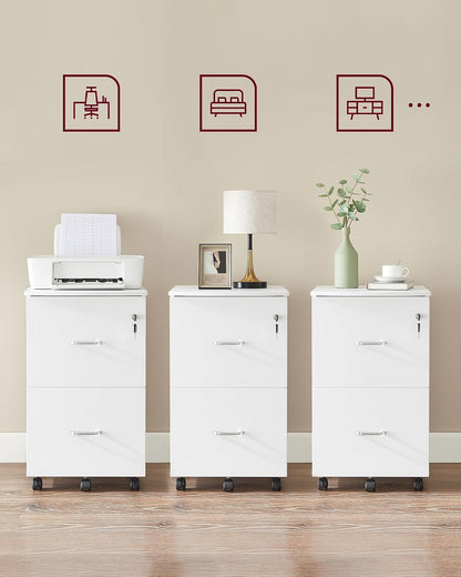 CUSTOS Collection - Caisson Mobile, Classeur, 2 Tiroirs, Support D’Imprimante, Meuble De Bureau, Verrouillable, Pour Documents Au Format A4, Dossier Suspendu, Blanc LCD027WE02