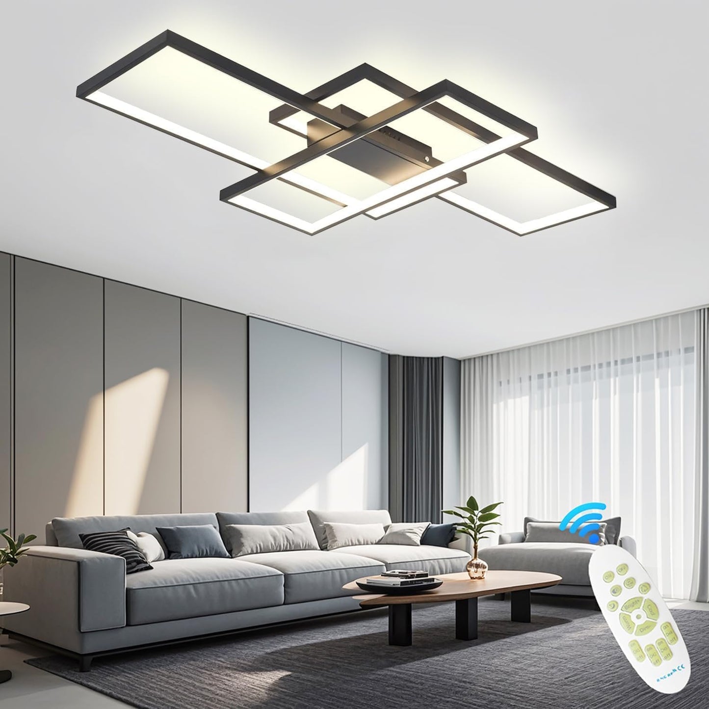 Luminaire Plafonnier Salon, Plafonnier LED Dimmable, Irrégulier Lampe Rectangulaire En Métal Acrylique, Plafonnier LED Chambre Telecommande,Noir,110 * 60CM/95W