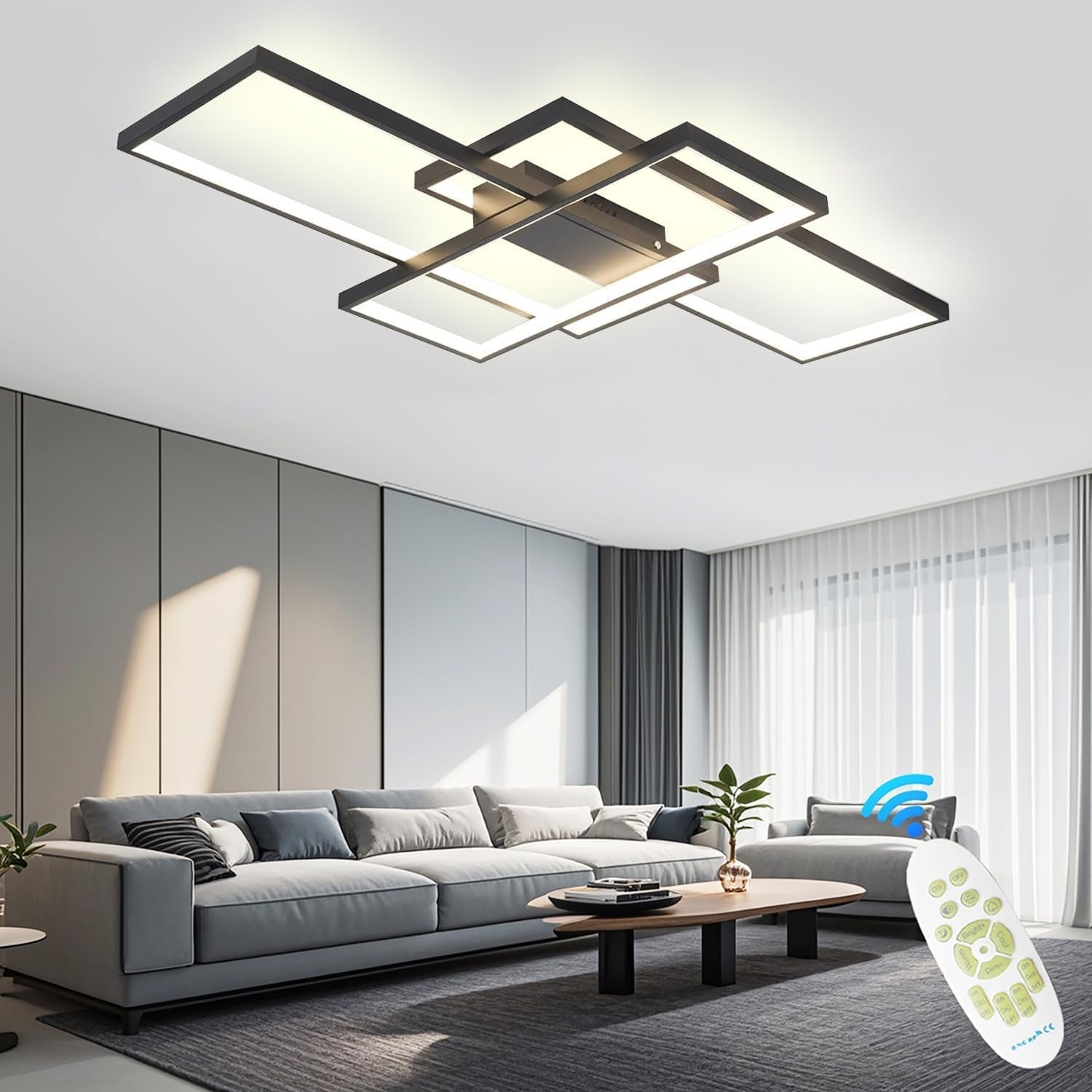 Luminaire Plafonnier Salon, Plafonnier LED Dimmable, Irrégulier Lampe Rectangulaire En Métal Acrylique, Plafonnier LED Chambre Telecommande,Noir,110 * 60CM/95W