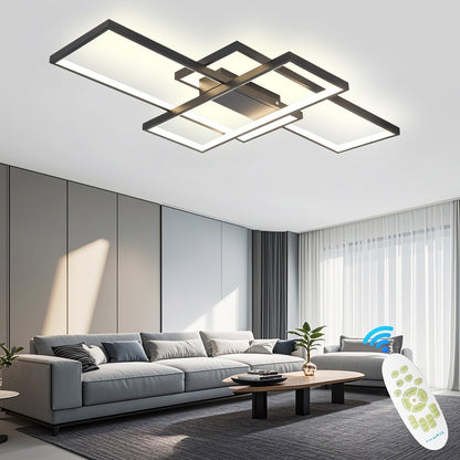 Luminaire Plafonnier Salon, Plafonnier LED Dimmable, Irrégulier Lampe Rectangulaire En Métal Acrylique, Plafonnier LED Chambre Telecommande,Noir,110 * 60CM/95W