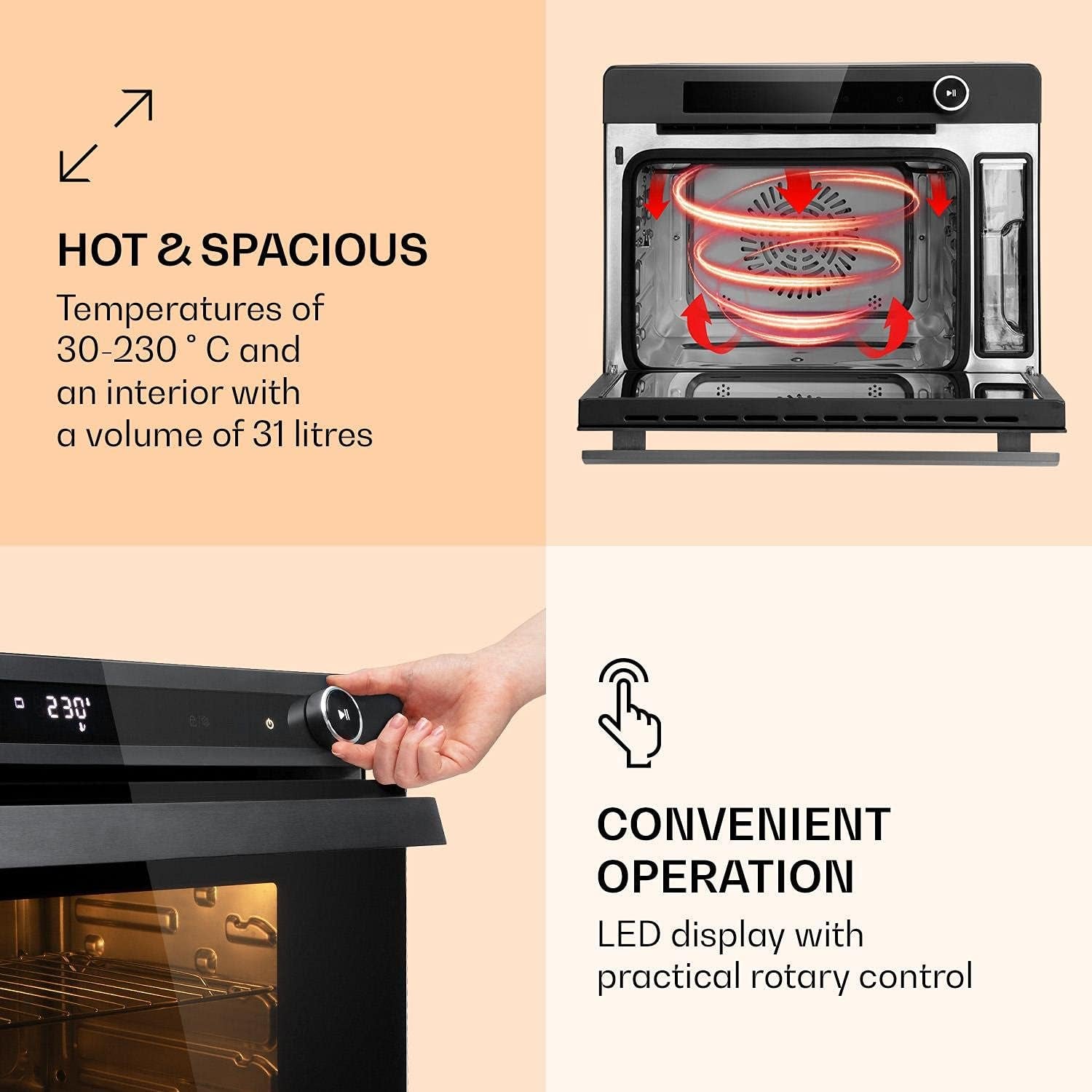 Vaporchef - Four Vapeur Encastrable, Four Posable, Cuiseur Vapeur Sur Pied, 230 ° C, Réservoir D'Eau 1,5 L, Molette De Commande, CEE A, Grill, Friture À Air, 31 L - Noir