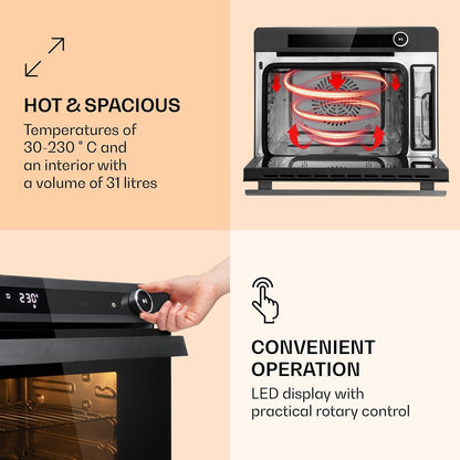 Vaporchef - Four Vapeur Encastrable, Four Posable, Cuiseur Vapeur Sur Pied, 230 ° C, Réservoir D'Eau 1,5 L, Molette De Commande, CEE A, Grill, Friture À Air, 31 L - Noir