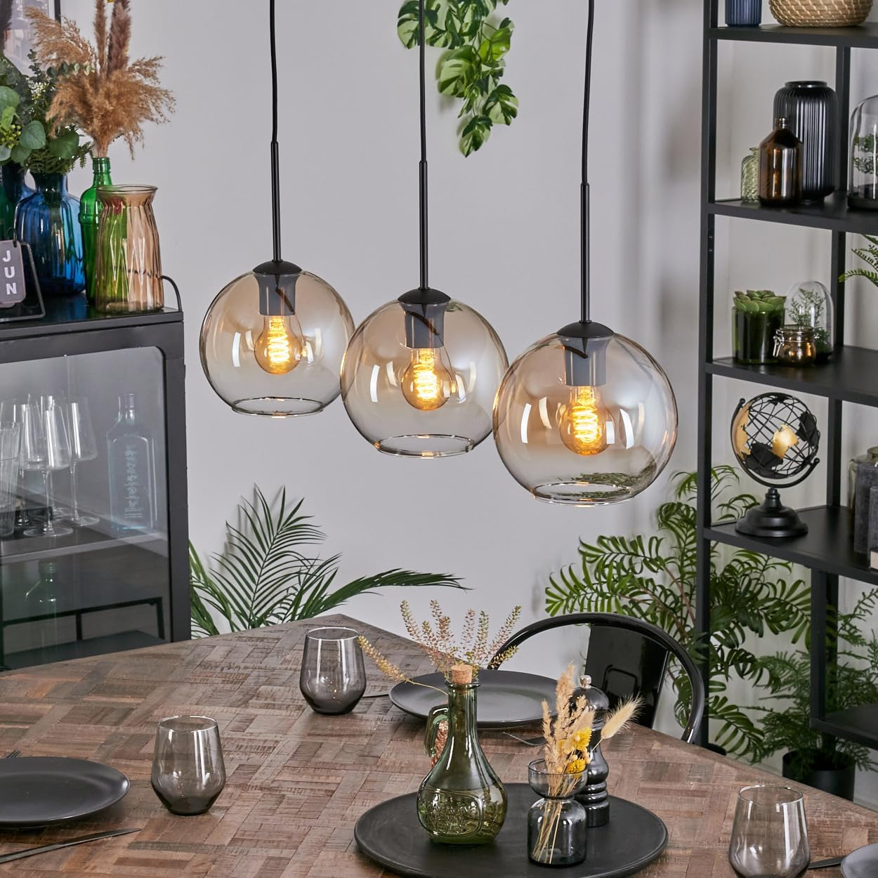 Koyoto Suspension À 3 Ampoules En Métal/Verre Noir/Ambre/Transparent, Suspension Moderne Au Design Rétro/Vintage (Abat-Jour Ø 20 Cm), E27, Salle À Manger, Salon, Cuisine