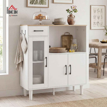 Buffet Cuisine 1 Tiroir 3 Portes 80 X 34 X 91 Cm Blanc Et Chêne | Meuble De Rangement, 1 Porte En Acrylique Cannelée, Étagère Ouverte, Style Moderne, Pour Salon Et Chambre