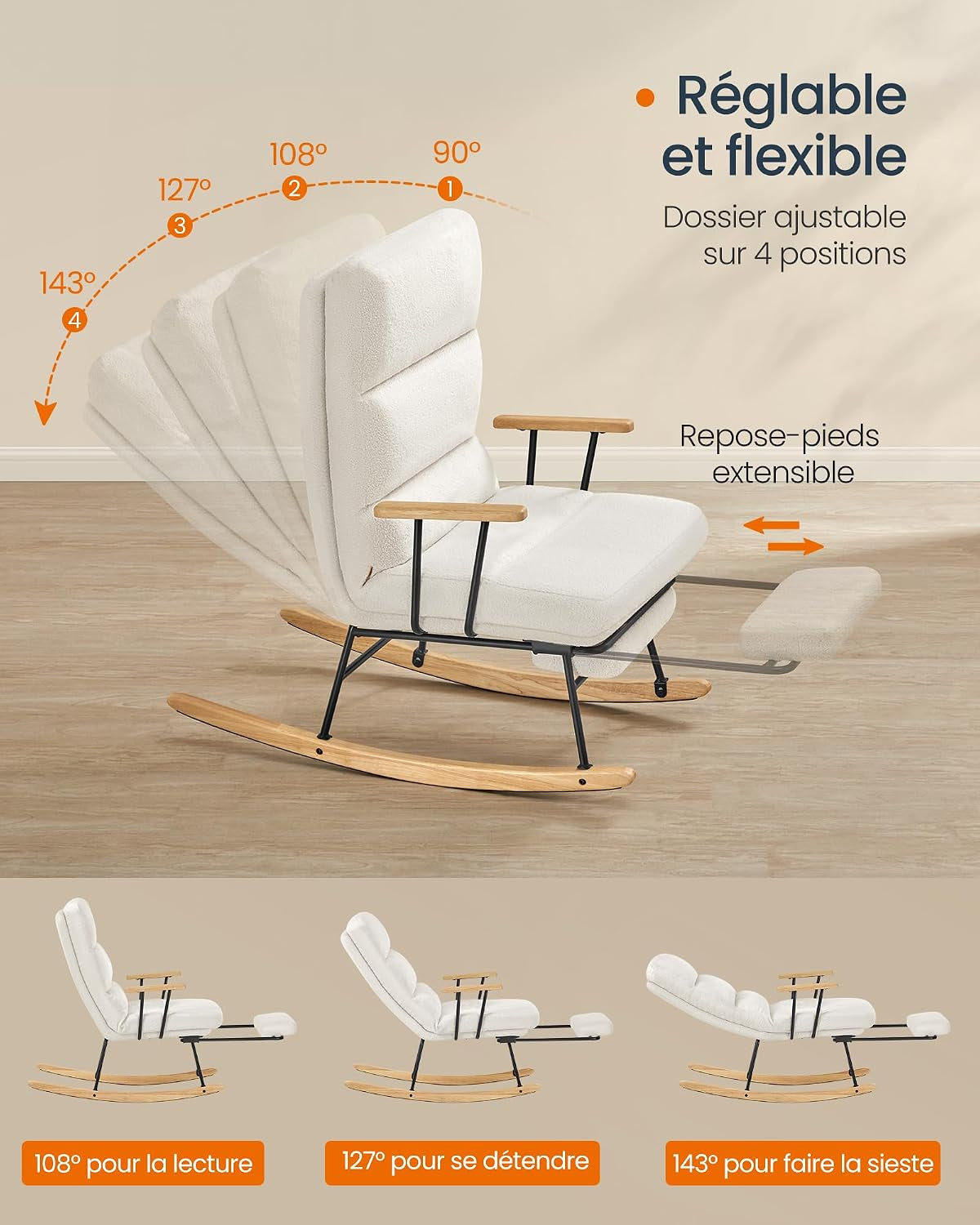 Fauteuil À Bascule, Pieds En Bois D'Hévéa, Tissu Peluche, Chaise À Bascule, Dossier Réglable Sur 4 Positions, Supporte Jusqu'À 160 Kg, Pour Chambre, Salon, Blanc Crème LYY016W01
