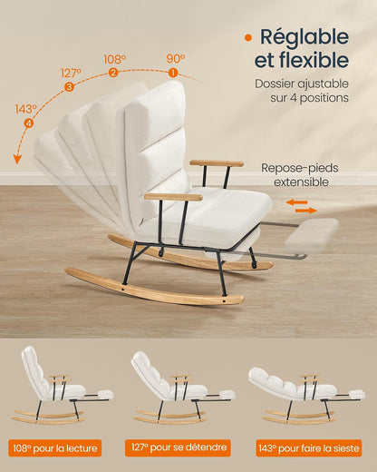 Fauteuil À Bascule, Pieds En Bois D'Hévéa, Tissu Peluche, Chaise À Bascule, Dossier Réglable Sur 4 Positions, Supporte Jusqu'À 160 Kg, Pour Chambre, Salon, Blanc Crème LYY016W01