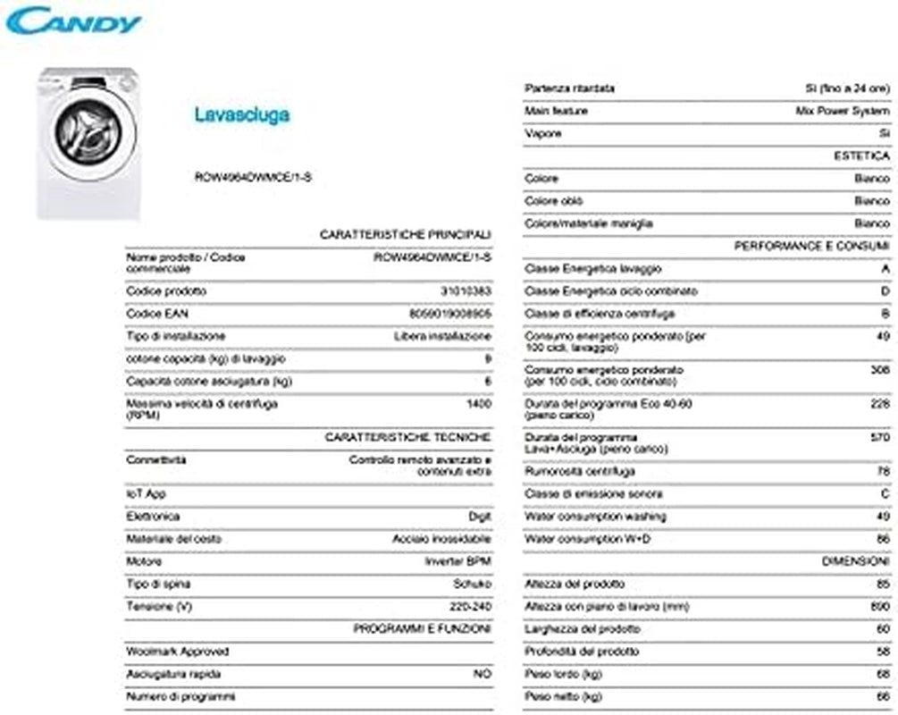 Rapidò ROW4964DWMCE/1-S Lave-Linge 9+6 Kg, 1400 Tours, Wi-Fi + BLE, Télécommande À Distance, Départ Retardé, Classe A, 60 X 58 X 85 Cm, Blanc