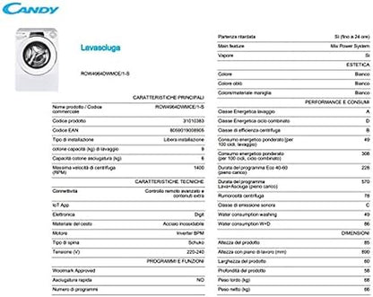 Rapidò ROW4964DWMCE/1-S Lave-Linge 9+6 Kg, 1400 Tours, Wi-Fi + BLE, Télécommande À Distance, Départ Retardé, Classe A, 60 X 58 X 85 Cm, Blanc