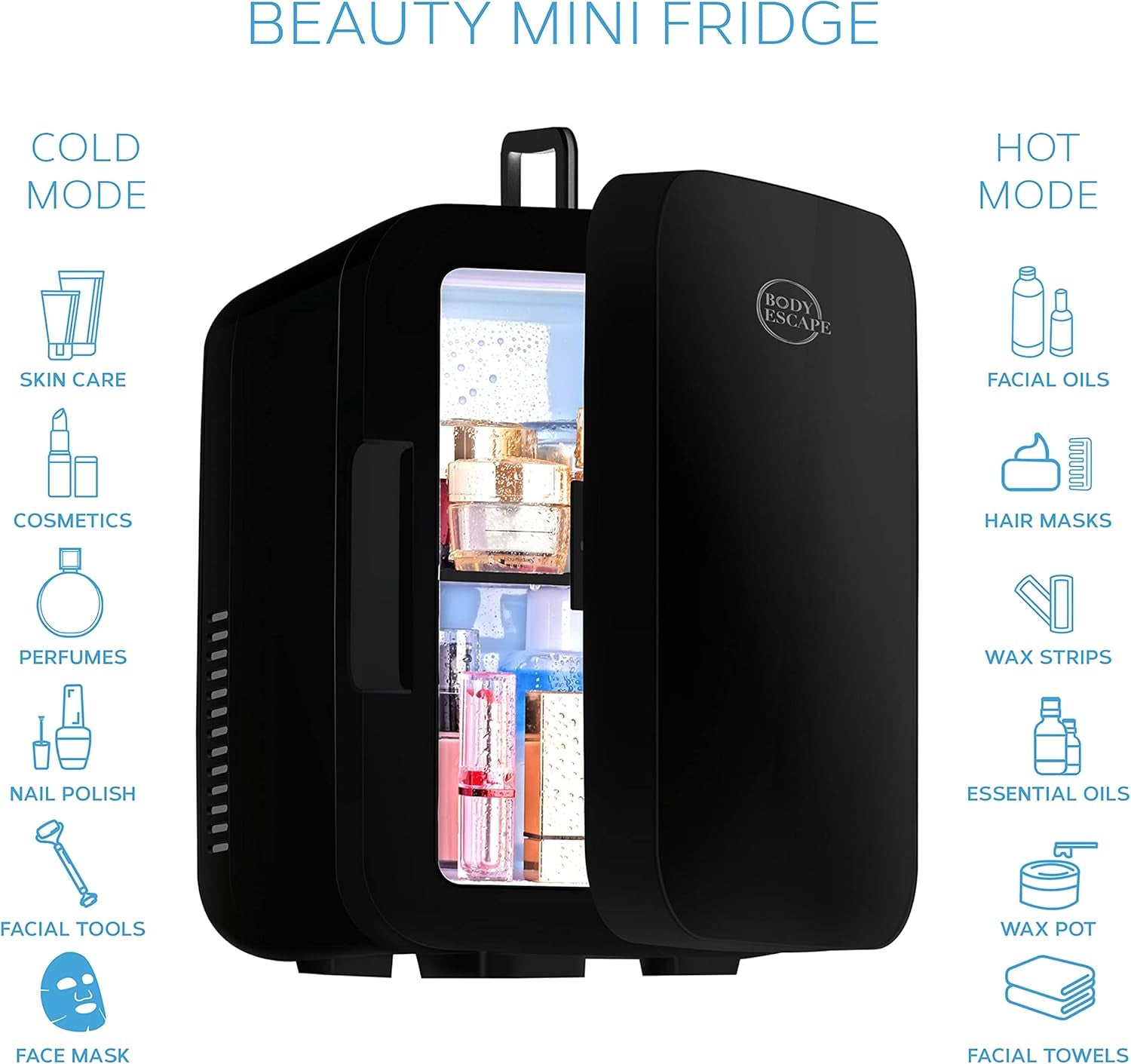 Body Escape Mini Réfrigérateur Pour Soins De La Peau Et Maquillage - Mini Réfrigérateurs Beauté À Porte En Verre - Réfrigérateur Portable, Compact, Et Silencieux Pour Le Maquillage - 6L - Noir