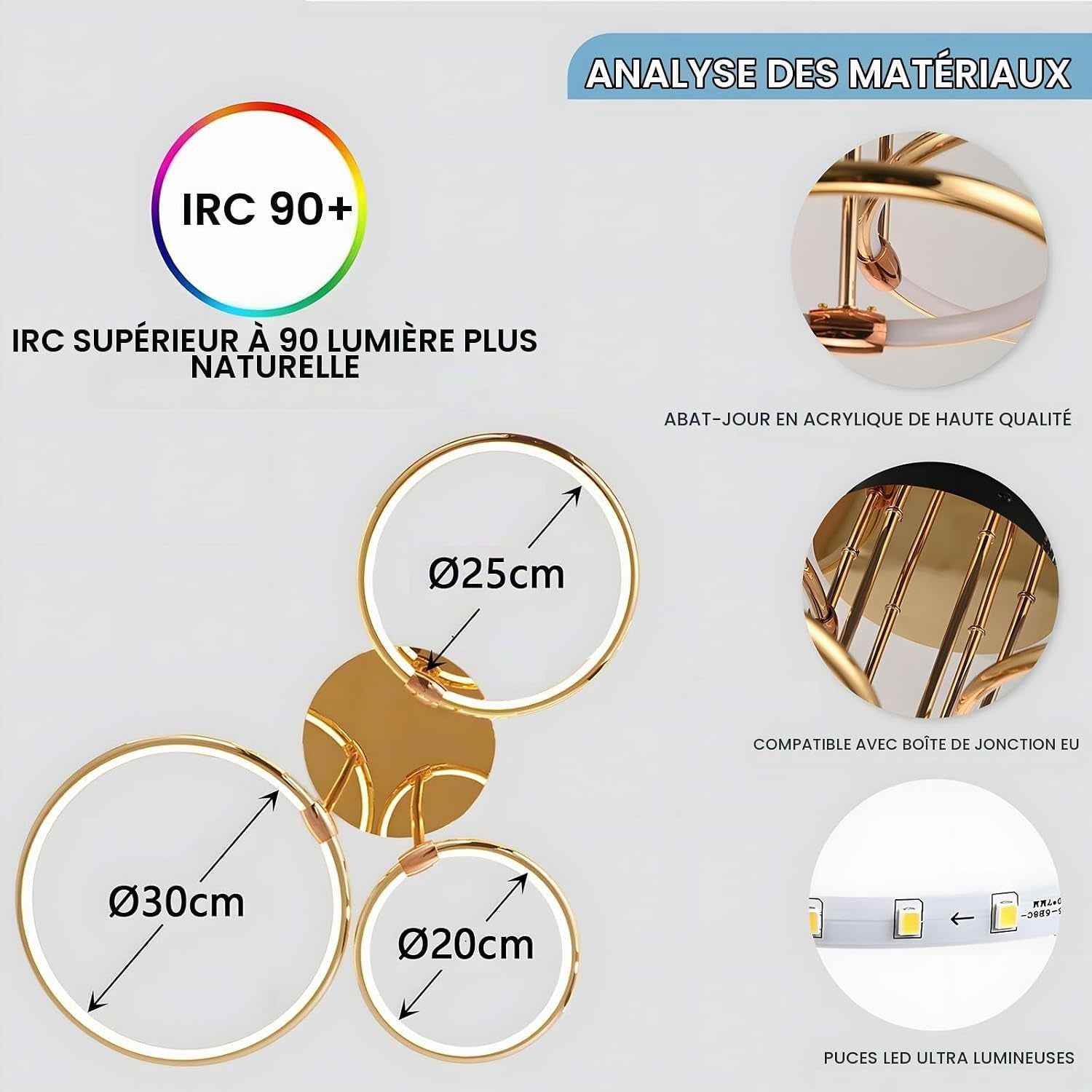 3 Anneaux Ronds Plafonnier Led Doré, Lustre Ø56Cm | 60W À Intensité Variable, Suspension Créative En Métal Électrolytique, Lampe Moderne Pour La Chambre À Coucher Bureau D'Enfants Étude