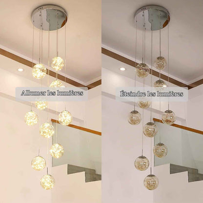 200CM Lustre Lampe Boule De Verre 10 LED, Pendentif Lumière LED D'Escalier, 50W Suspensions Long Étoilé Pendant Light, Plafonniers Modernes Pour Villas, Escaliers Et Salons