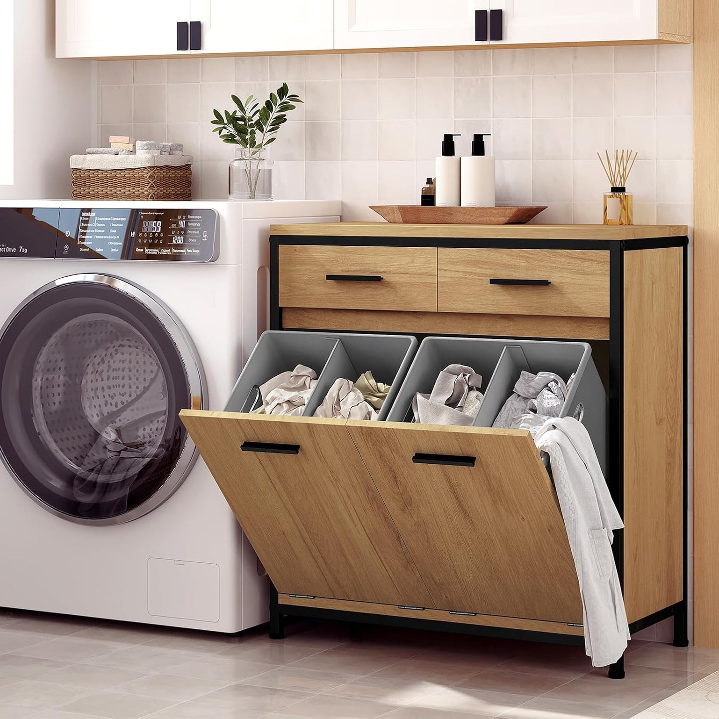 Meuble De Salle De Bain, Placard De Rangement, Avec Sac Intérieur Amovible Avec Poignées, 40 X 78,9 X 80,2 Cm, 2 Tiroirs Et 2 Paniers À Linge, Meuble De Rangement, Chêne Clair + Noir, 0233WY