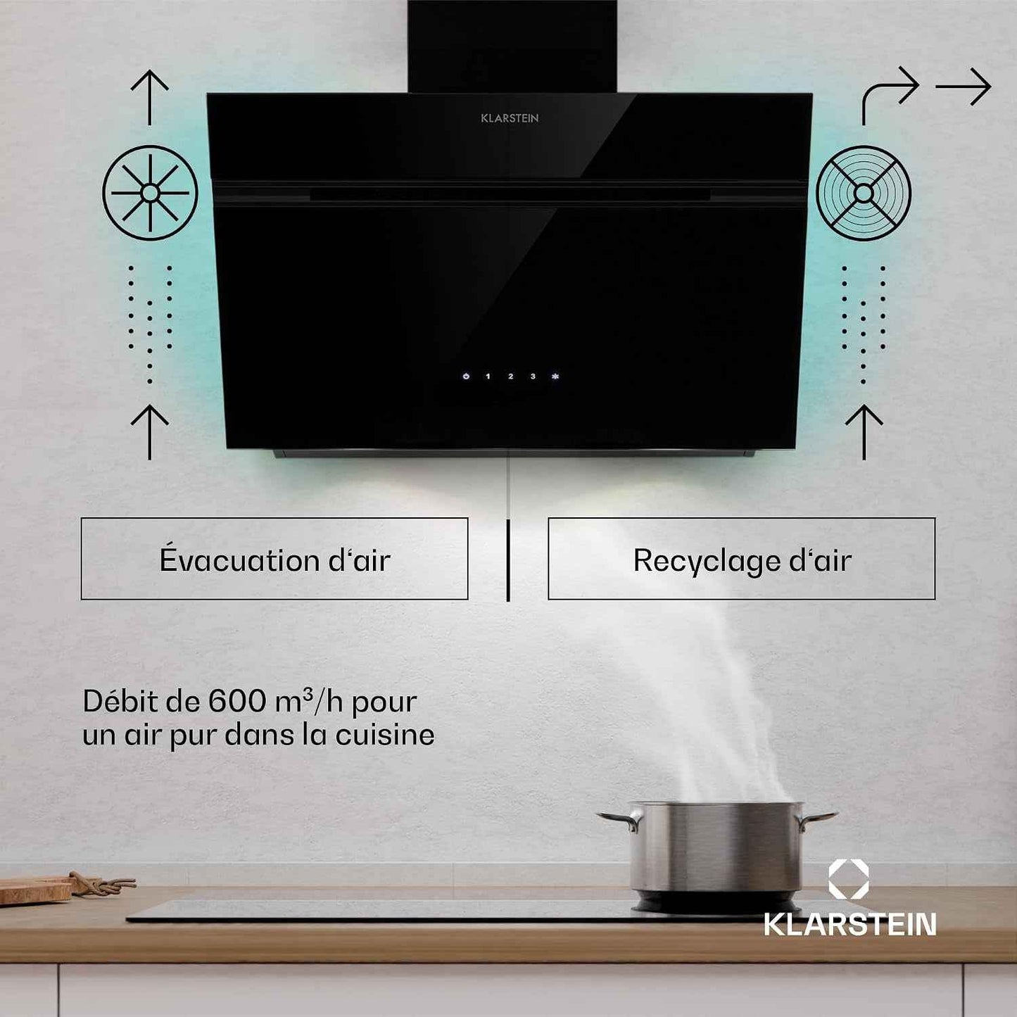 Klarstein Alina Hotte Aspirante - 60 Cm Hotte Murale, 600 M³/H, Éclairage LED 9 Couleurs, Tactile, Classe Énergétique A, 52 Db, Noire, Recirculation & Extraction