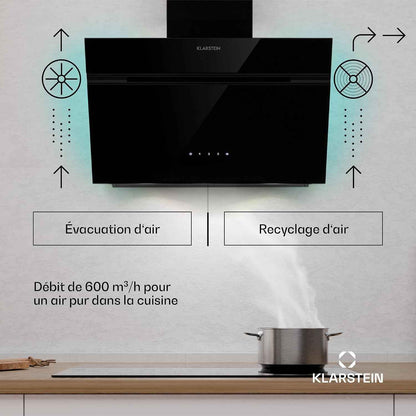 Klarstein Alina Hotte Aspirante - 60 Cm Hotte Murale, 600 M³/H, Éclairage LED 9 Couleurs, Tactile, Classe Énergétique A, 52 Db, Noire, Recirculation & Extraction