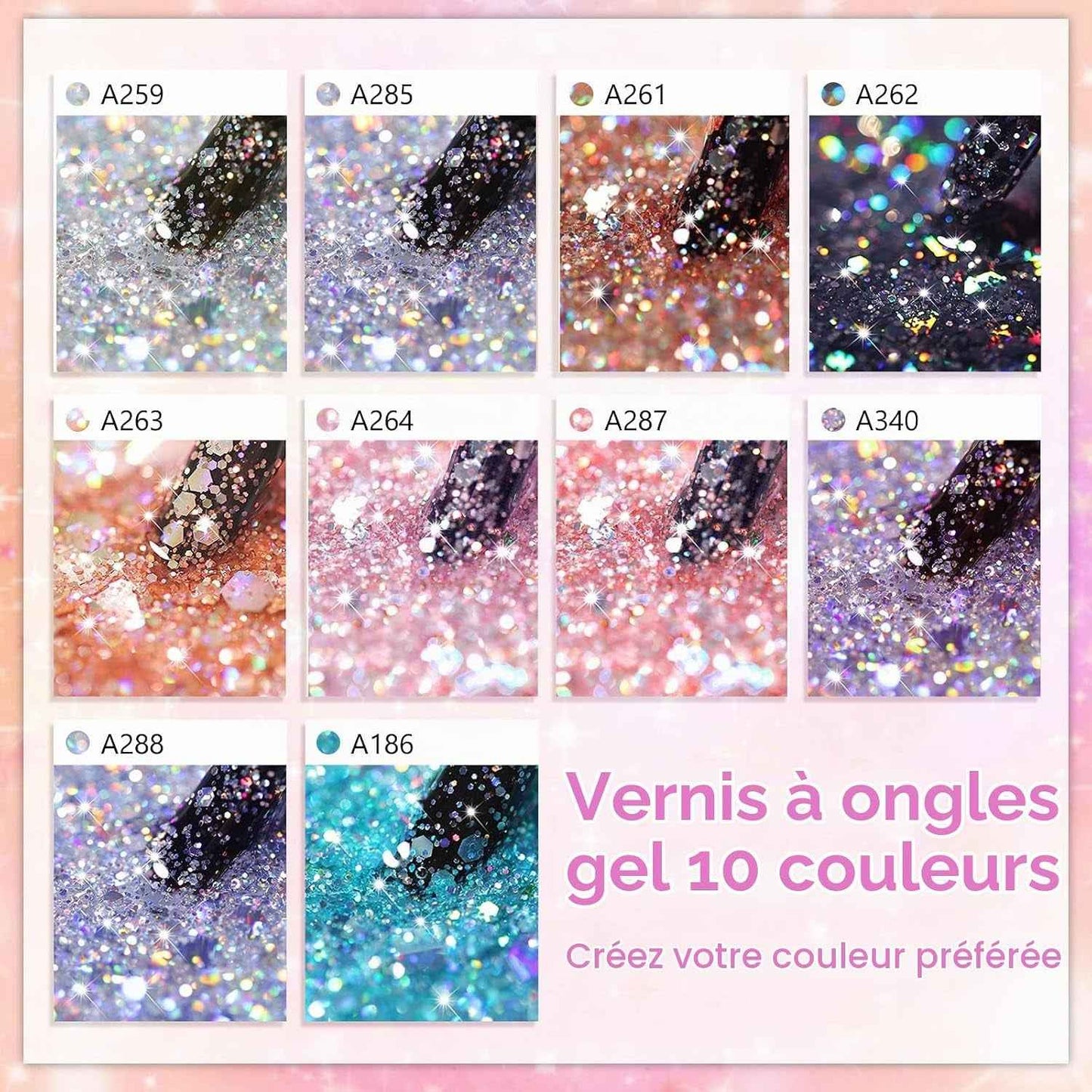 Vernis À Ongles Semi Permanent Paillettes, 10 Couleurs Blanc Argenté Noir or Rose Gel Soak off UV/LED Kit Pour Salon De Manucure DIY Home, 8Ml